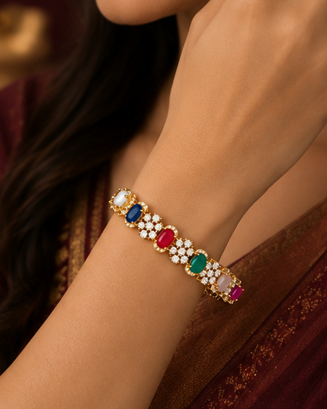 A four-panel collage showing a woman wearing a colorful beaded bracelet. The panels feature close-up views of her hand, arm, and face as she wears the bracelet, which has red, green, yellow, and white beads set in a gold-tone band.