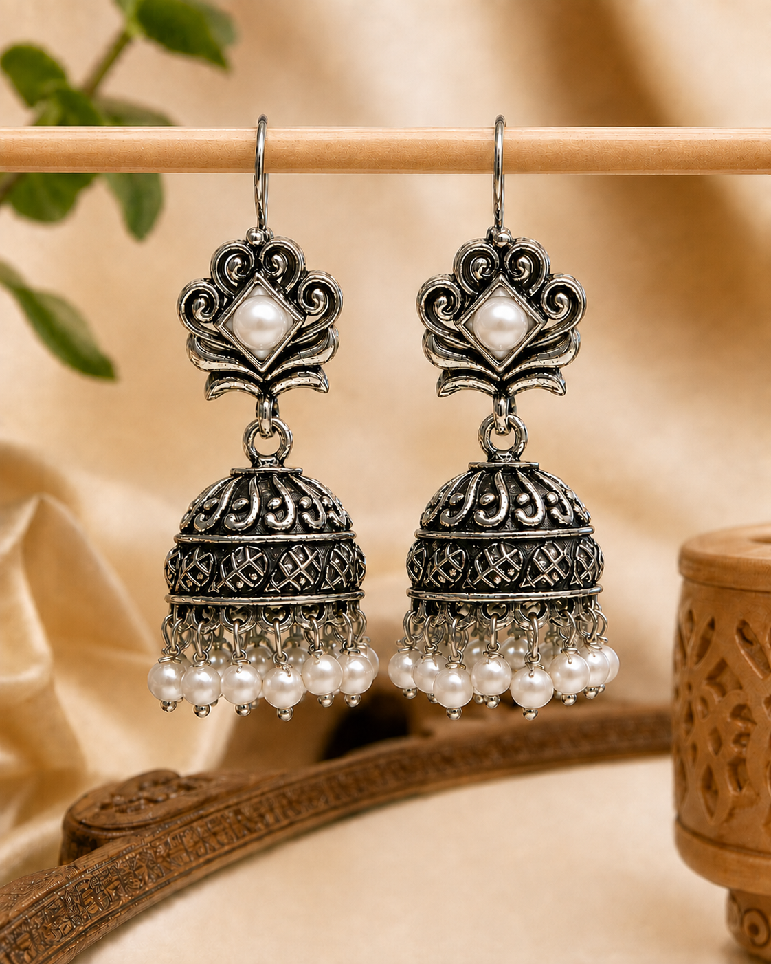 Oxidised Silver Jhumka Earrings with Black Stone & Pearls | OLS5