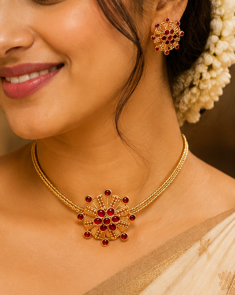 A woman wearing a traditional Indian sari in beige and gold, styled with a white floral hair ornament and a gold necklace with red stones and matching earrings.
