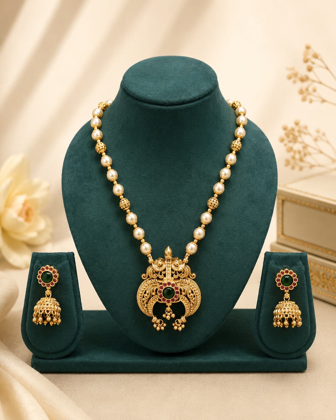 Gold-plated traditional Indian jewelry set featuring a necklace and matching earrings displayed on a dark green velvet stand. The necklace has a detailed gold pendant with a central red stone, flanked by a strand of white pearls and gold bead accents.