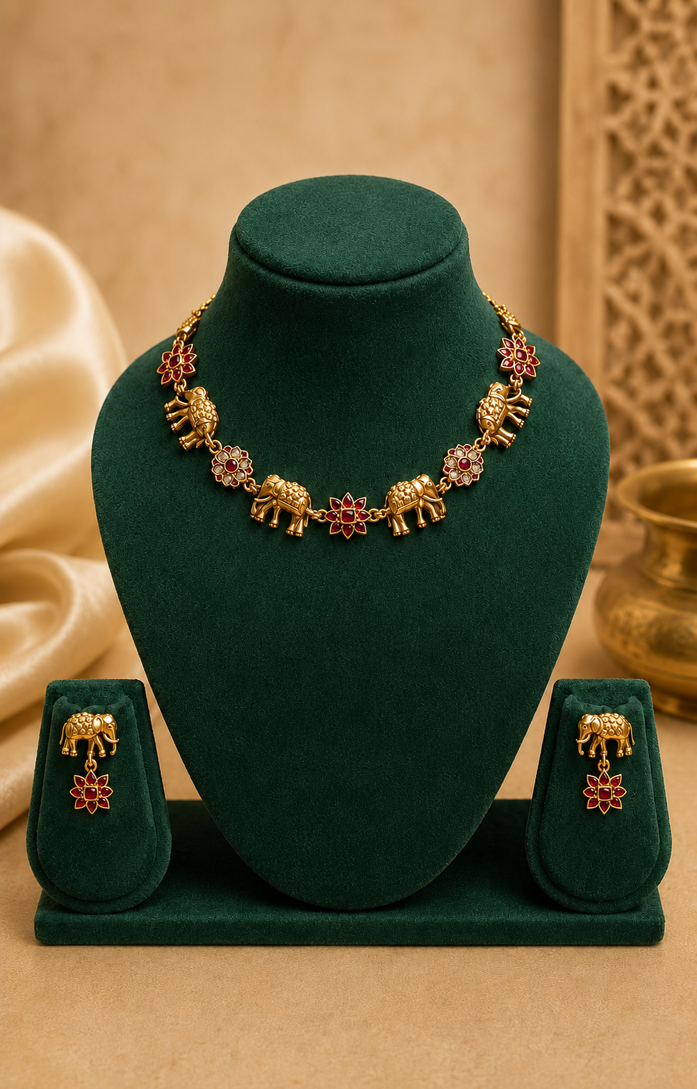 Antique Gold Gajlakshmi Elephant Ruby Floral Choker Necklace Set | ONK50