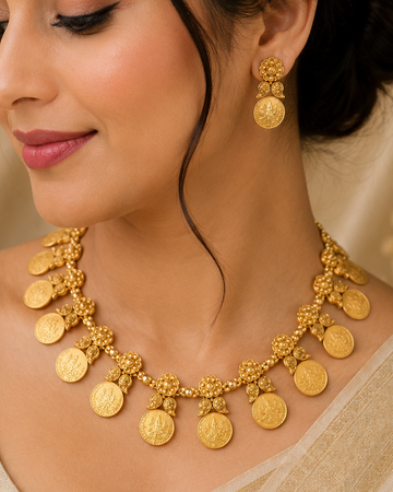 Antique Gold Lakshmi Coin Floral Necklace Set | ONK29