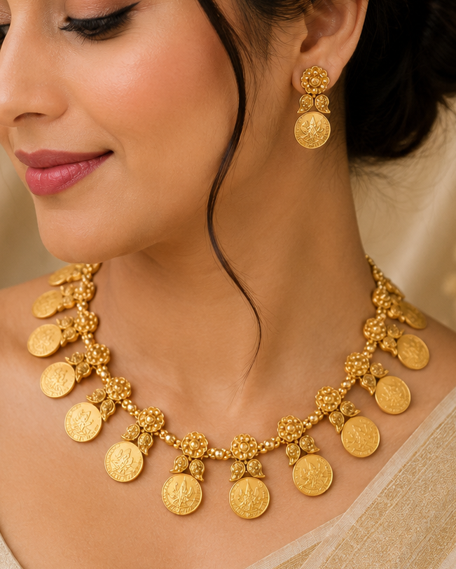 Antique Gold Lakshmi Coin Floral Necklace Set | ONK29