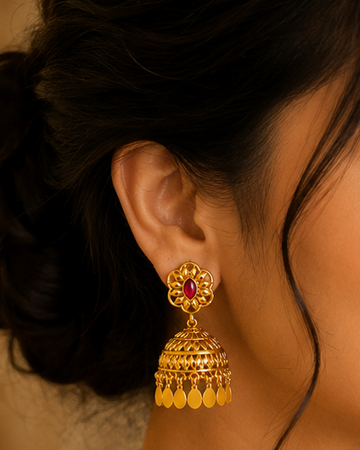 A woman wearing an ornate gold necklace with red and green stones and matching dangling earrings, styled with a beige saree in a warm indoor setting.