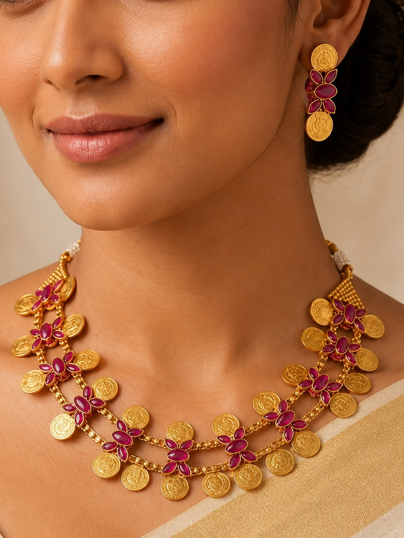 A close-up of a woman wearing a gold-toned traditional necklace with pink floral accents and matching drop earrings, styled with a cream-colored sari against a soft beige background.