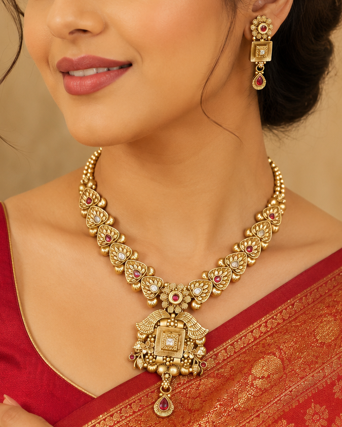 A woman wearing an ornate gold-toned traditional necklace and matching earrings, paired with a red and gold patterned saree.