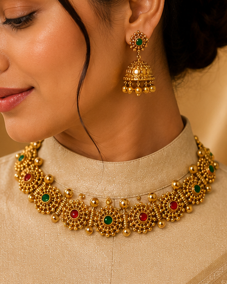 A woman wearing a beige traditional outfit with a matching draped scarf, styled with a gold-toned statement necklace and matching earrings against a warm draped fabric backdrop.