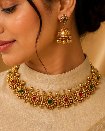 A woman wearing a beige traditional outfit with a matching draped scarf, styled with a gold-toned statement necklace and matching earrings against a warm draped fabric backdrop.