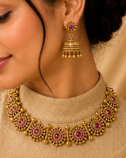 A woman wearing a beige traditional outfit with a matching draped scarf, styled with a gold-toned statement necklace and matching earrings against a warm draped fabric backdrop.