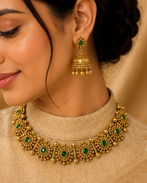 A woman wearing a gold-toned statement necklace and matching jhumka earrings with green stone accents, styled with a beige embroidered kurta against a warm beige draped backdrop.