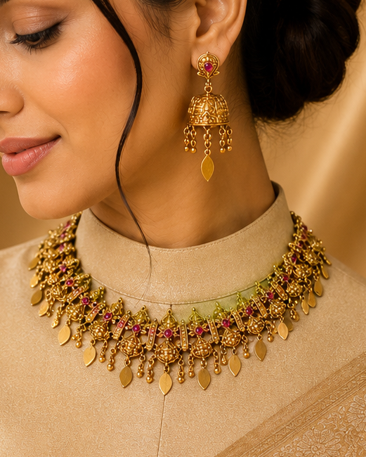 A woman wearing a beige silk saree and matching blouse, styled with a gold-toned statement necklace and matching earrings, set against a draped gold fabric backdrop.
