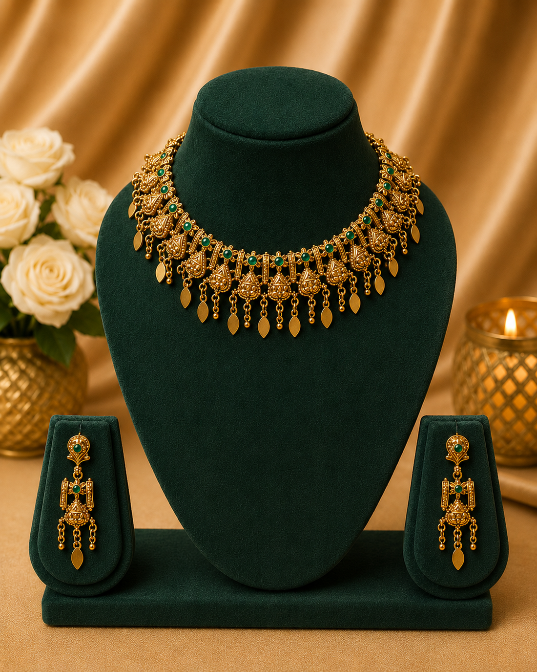 A woman wearing a beige silk saree and matching blouse, styled with a gold-toned statement necklace and matching earrings, set against a draped gold fabric backdrop.