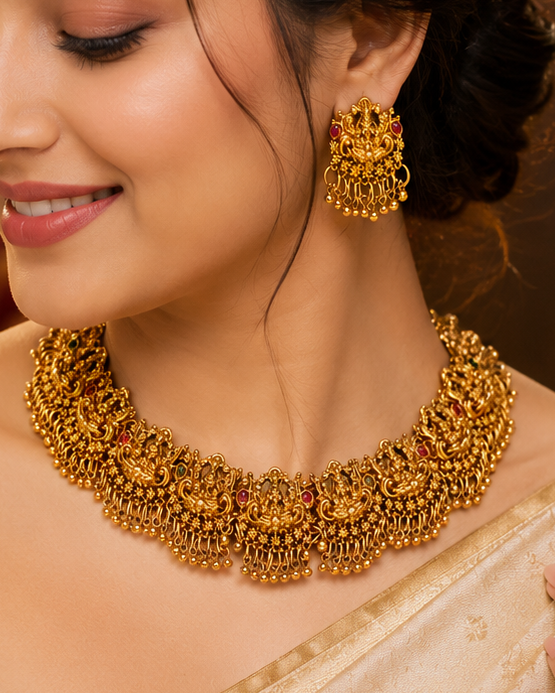 A woman wearing an ornate gold-toned traditional necklace and matching earrings, paired with a light beige saree, posed against a warm, softly lit background with draped curtains and a lamp.