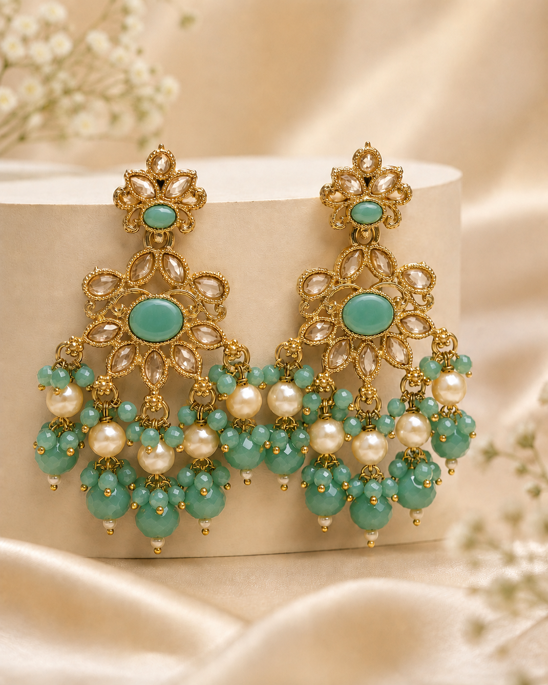 Gold Black Onyx Polki Kundan Filigree Chandelier Earrings with Pearl Crystal Drops | OLS13