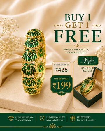 Buy 1 Get 1 Free, Gold & Green Lotus Design Gold-Plated Bangle