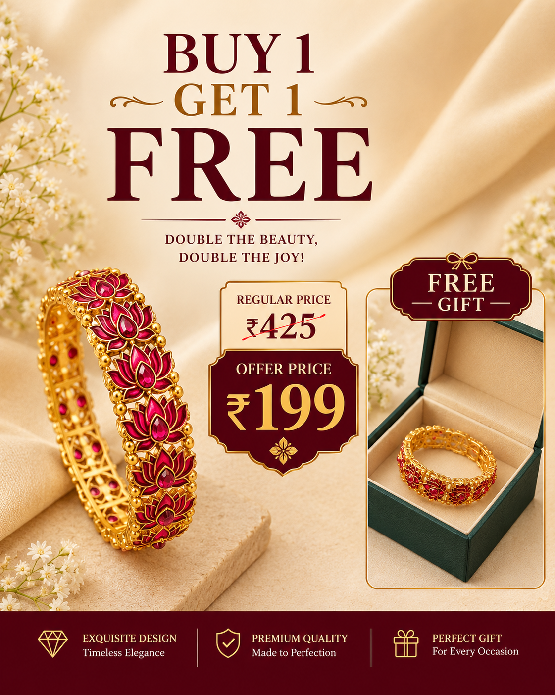 Buy 1 Get 1 Free, Ruby Lotus Temple Kada – Traditional Gold-Plated Designer Bangle P1 | DM1