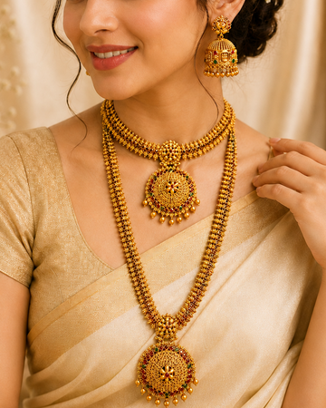 Gold Kemp Ruby Long Haaram & Choker Bridal Necklace Set - P3