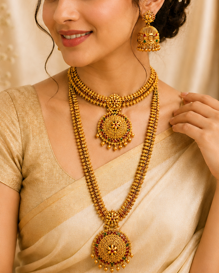 Gold Kemp Ruby Long Haaram & Choker Bridal Necklace Set - P3