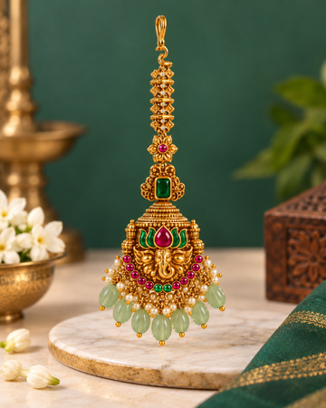Ganesha Maang Tikka with Green Beads | ONK330