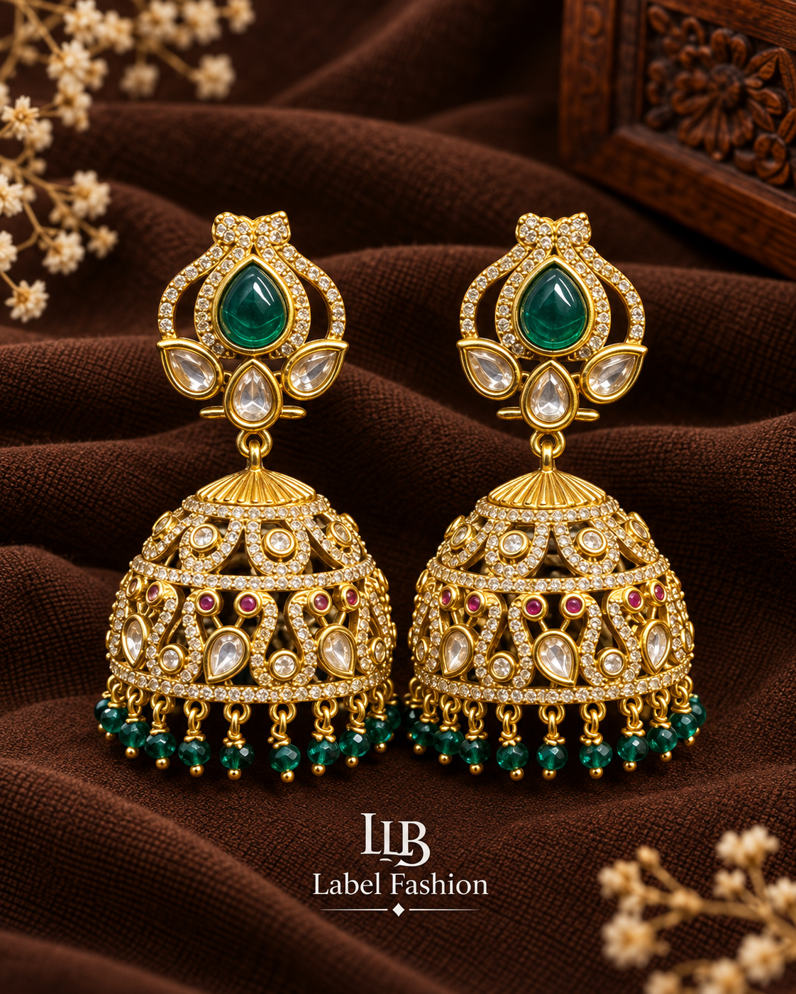 Emerald Green Kundan Jhumka Earrings | L20072