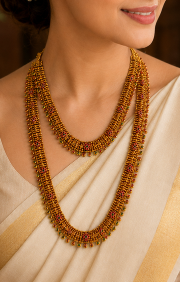 Gold Kemp Ruby & Green  Bridal Haaram, Choker & Jhumka Earrings Set | P6