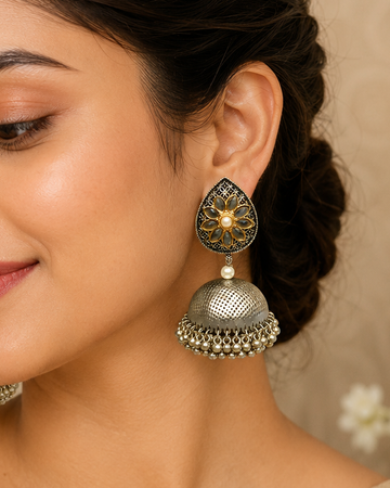 Oxidized Silver Floral Stone Jhumka Earrings with Pearl Detail - P1 | L9845
