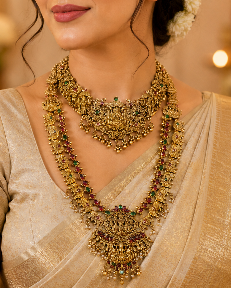 A woman wearing an ornate traditional gold necklace with red and green stone accents, paired with a beige saree, in a warmly lit indoor setting.
