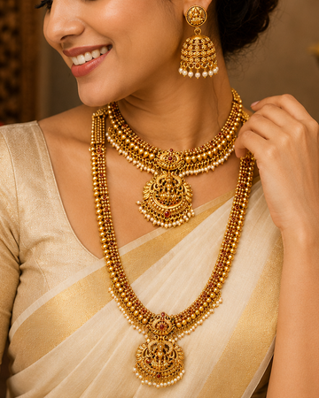 Lakshmi Temple Bridal Jewellery Set with Long Haaram & Jhumkas | P4