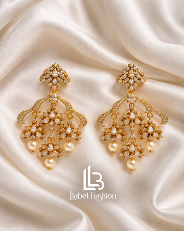 Gold Polki Diamond Chandelier Earrings with Pearl Drops | ONK362