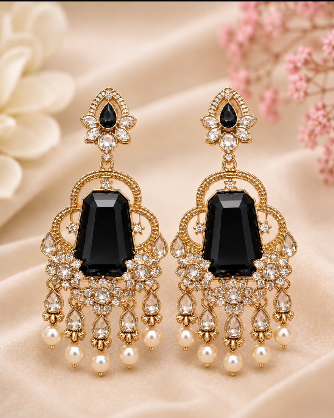 Gold Deep Ruby Trapeze CZ Filigree Arch Chandelier Earrings | OLT153