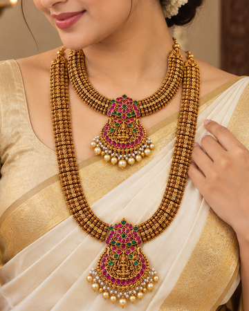 Antique Gold Lakshmi Necklace Set with Pearls| ONK303