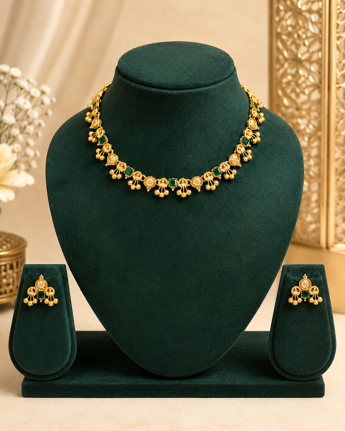 Antique Gold Lakshmi Coin Ruby Emerald Choker Necklace Set | ONK53