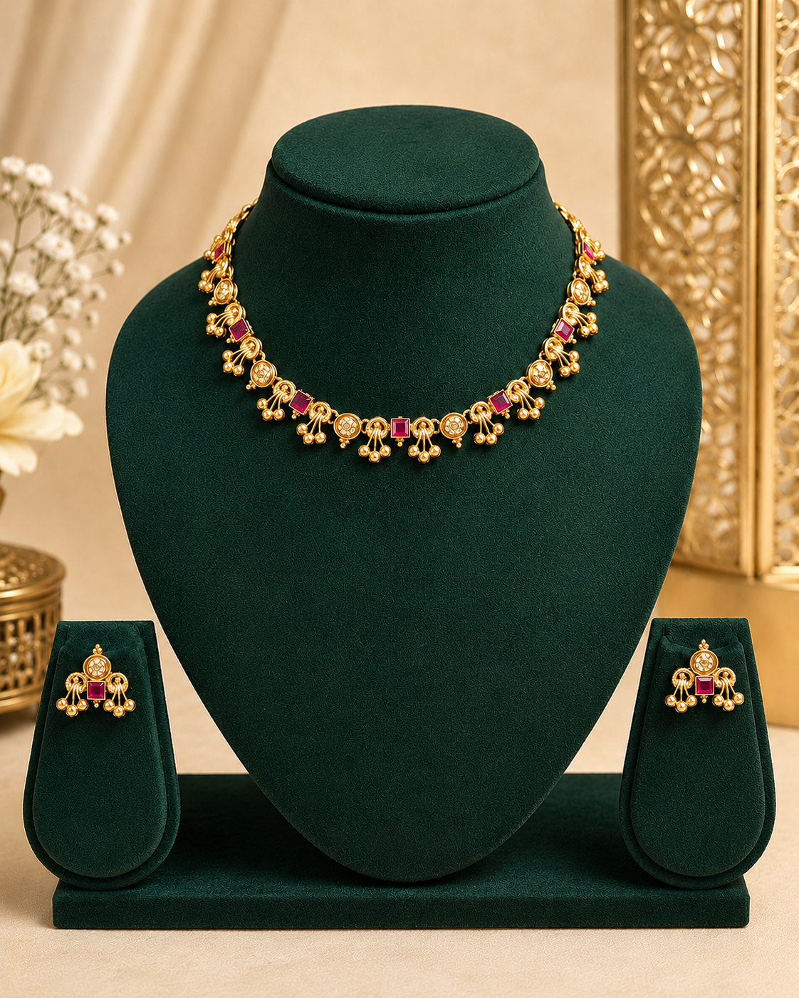 Antique Gold Lakshmi Coin Ruby Emerald Choker Necklace Set | ONK53