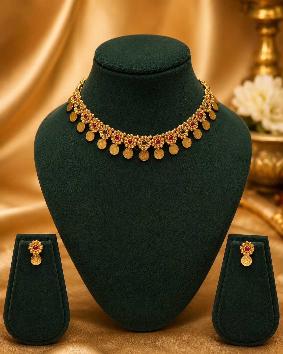 Antique Gold Lakshmi Coin Choker Necklace Set with Ruby |OL160