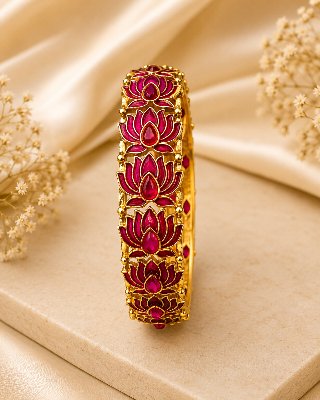 Buy 1 Get 1 Free, Ruby Lotus Temple Kada – Traditional Gold-Plated Designer Bangle P1 | DM1