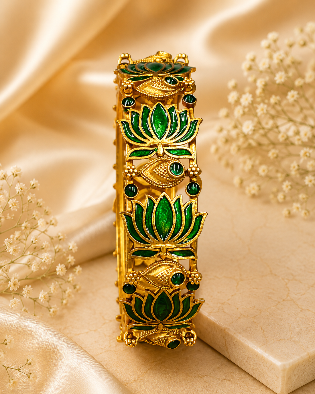 Buy 1 Get 1 Free, Meenakari Lotus Bangle – Antique Gold Green Enamel Kada - P2 | DM1