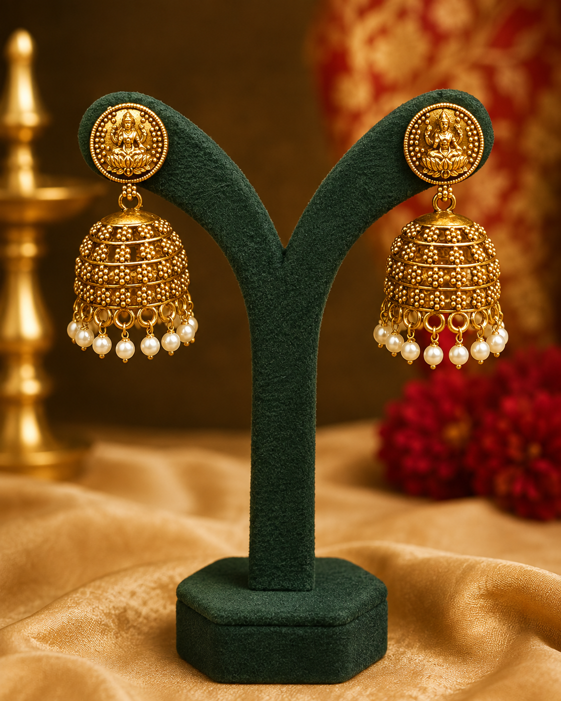 Lakshmi Temple Bridal Jewellery Set with Long Haaram & Jhumkas | P4