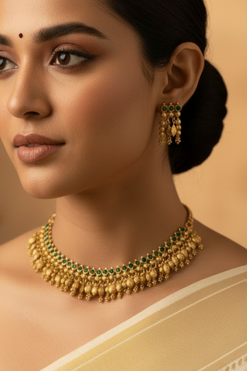 Antique Gold Emerald Green Stones Mango Leaf Ghungroo Elakkathali Necklace Set with Earrings | LLB0217