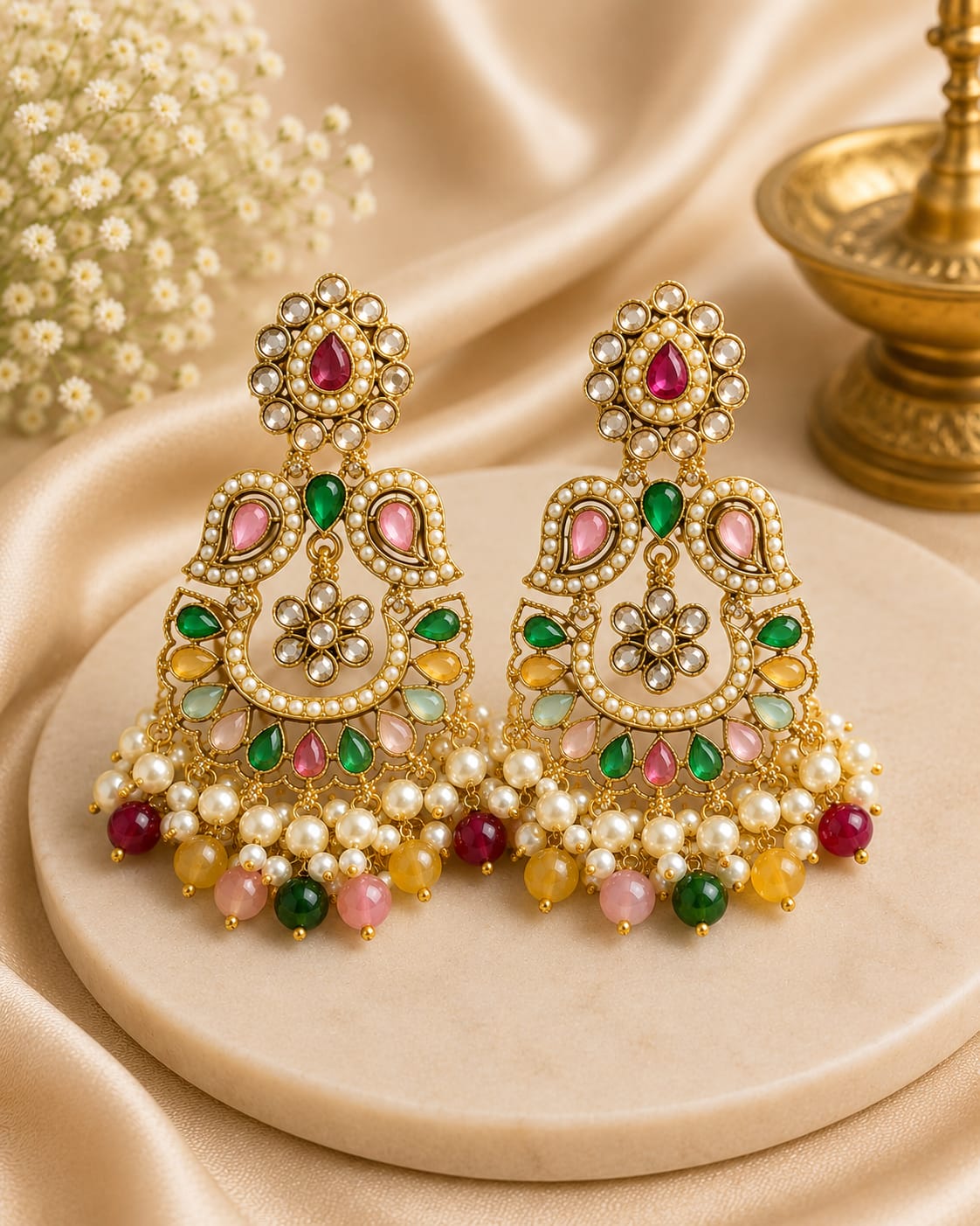 Gold Polki Kundan Multicolour Chandbali Earrings | LLB0258