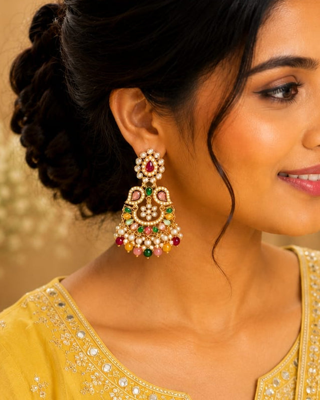 Gold Polki Kundan Multicolour Chandbali Earrings | LLB0258