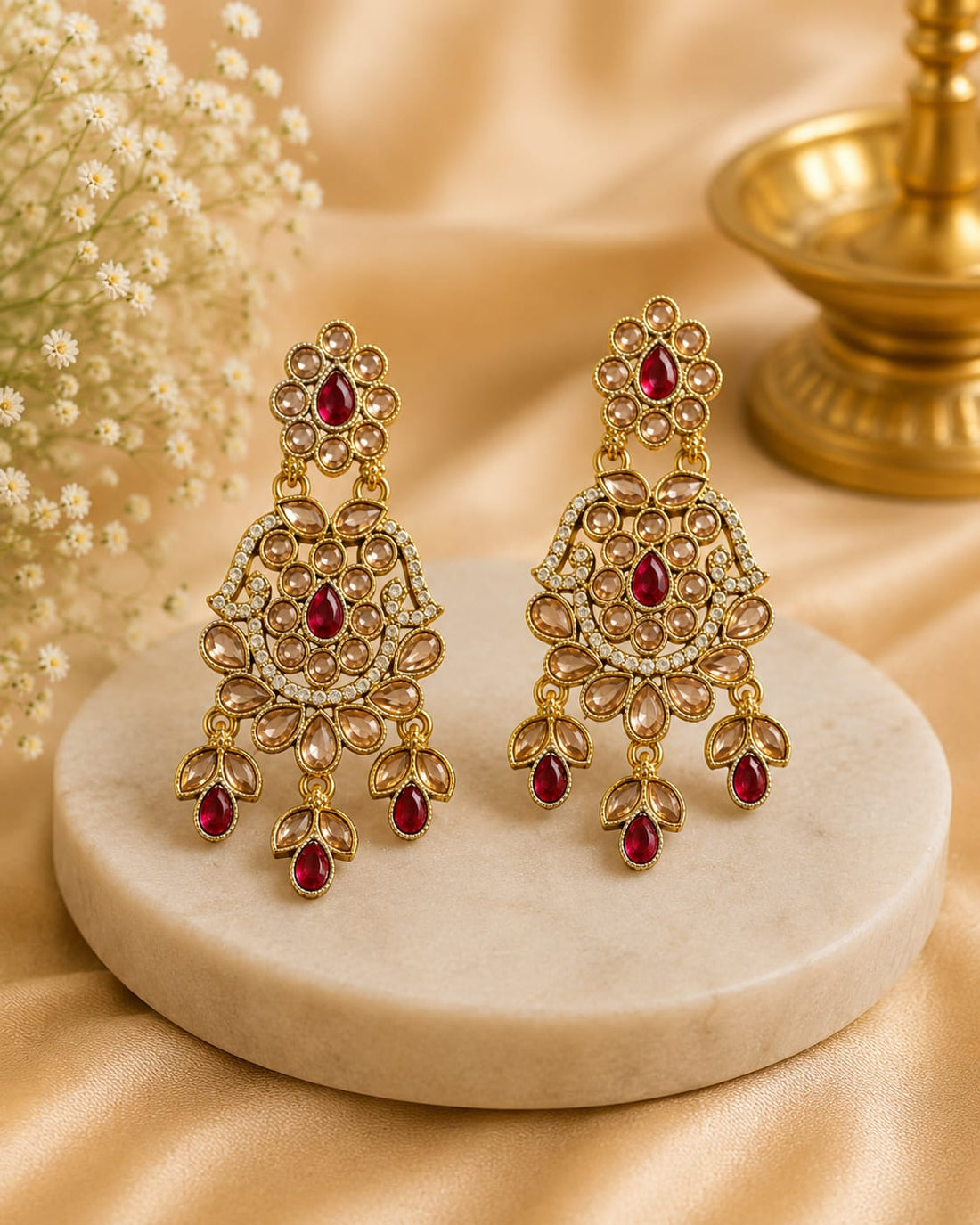 Gold Polki Kundan Chandbali Earrings with Ruby & Champagne Drops | LLB0261