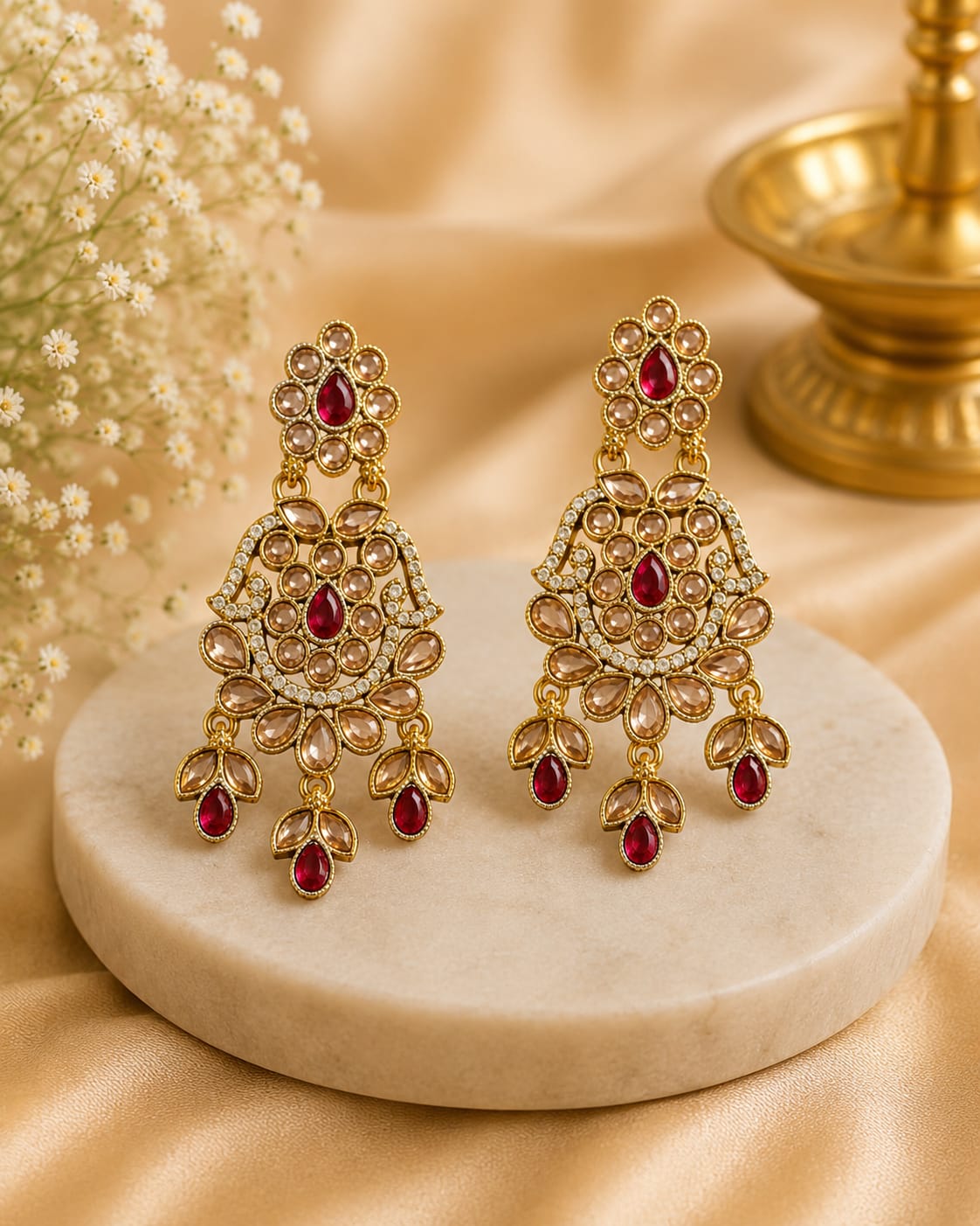 Gold Polki Kundan Chandbali Earrings with Ruby & Champagne Drops | LLB0261