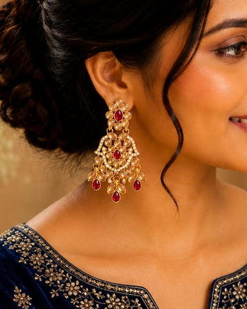 Gold Polki Kundan Chandbali Earrings with Ruby & Champagne Drops | LLB0261