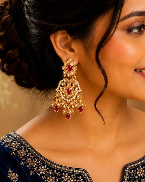 Gold Polki Kundan Chandbali Earrings with Ruby & Champagne Drops | LLB0261