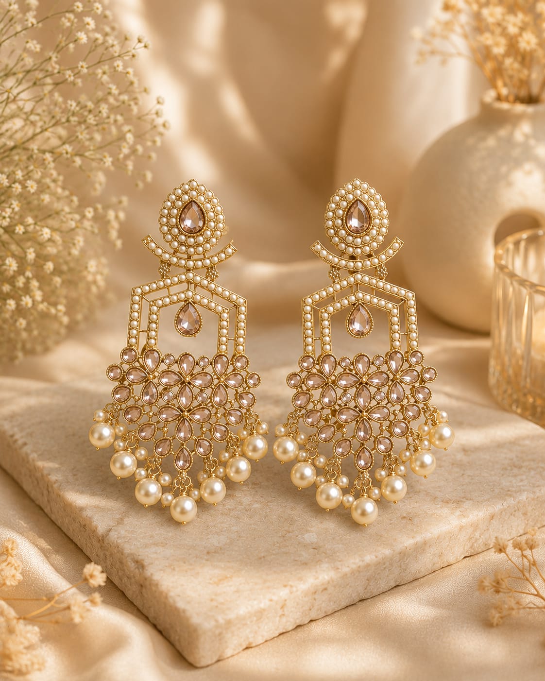 Gold Polki Kundan Geometric Chandelier Earrings with Pearl Drops | LLB0263