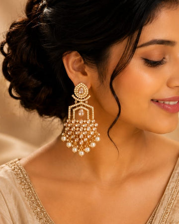 Gold Polki Kundan Geometric Chandelier Earrings with Pearl Drops | LLB0263
