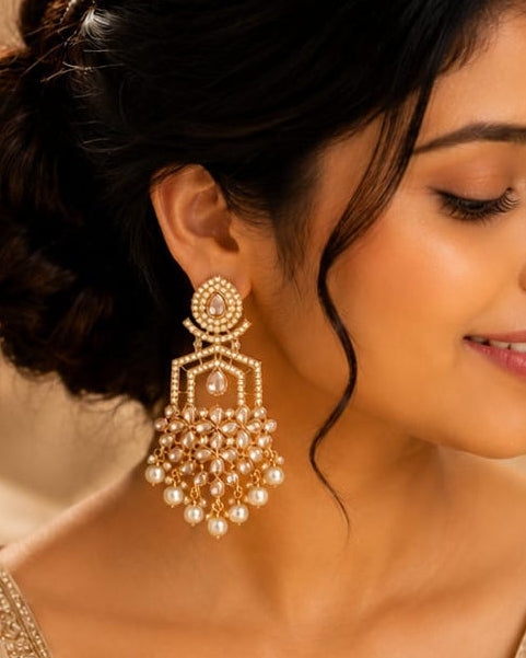 Gold Polki Kundan Geometric Chandelier Earrings with Pearl Drops | LLB0263