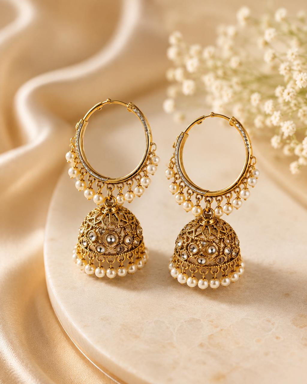 Antique Gold Hoop Jhumka Earrings with Pearl Drops | LLB0256