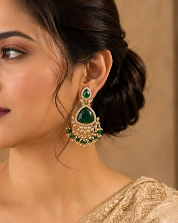 Gold Polki CZ Chandbali Earrings with Emerald Stone & Pearl Fringe | OL 60