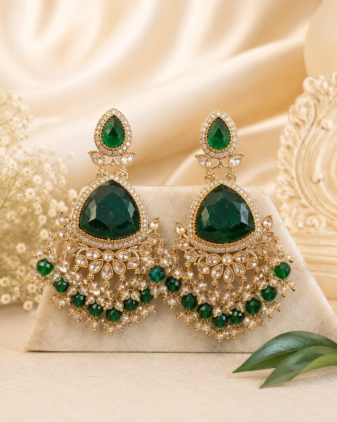 Gold Polki CZ Chandbali Earrings with Emerald Stone & Pearl Fringe | OL 60
